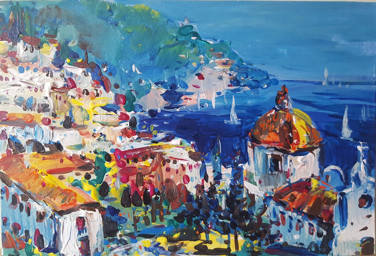Impressionistic Landscape Acrylic Painting By Altin Furxhi, 14 X 9, Positano, Original Artwork