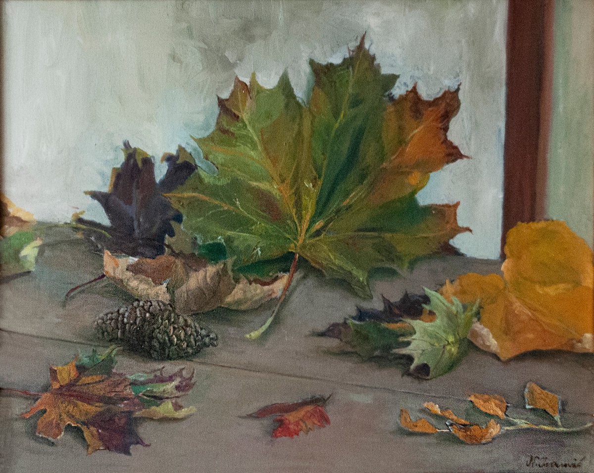 Impressionistic Still Life Oil Painting By Nikola Ivanovic, 22 X 18", The Great Oak Leaf, Original Artwork