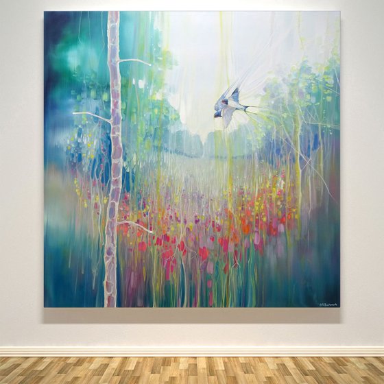 Weaving Summer - large, semi abstract oil on canvas of a summer meadow with swallows