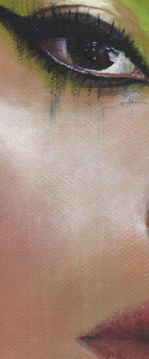 Shona - beauty oil painting of women female on paper green tones makeup closeup by Renske Karlien Hercules