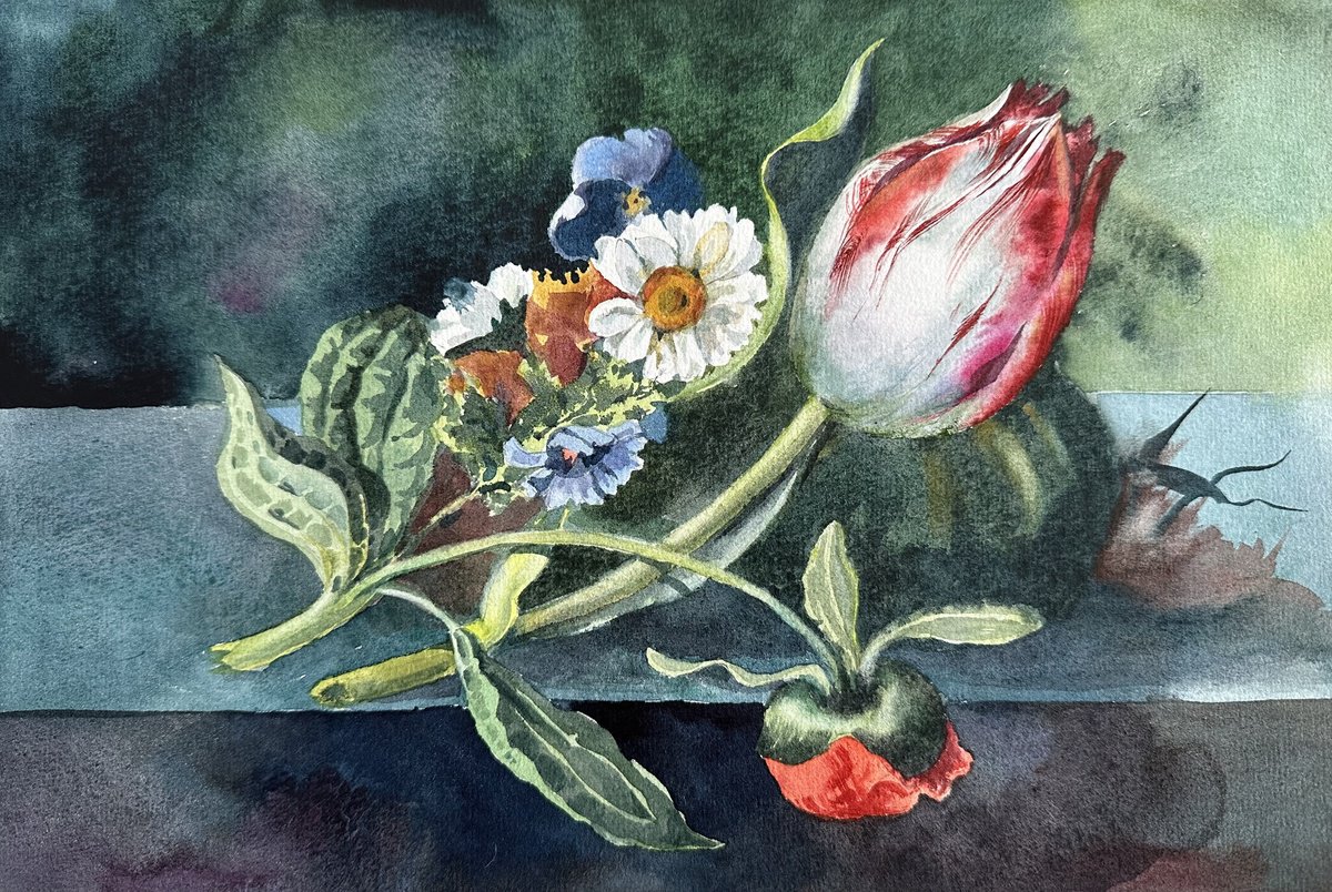 Impressionistic Botanical Watercolour By Sonata Art, 16 X 12", Whisper Of A Blooming Silence, Original Artwork
