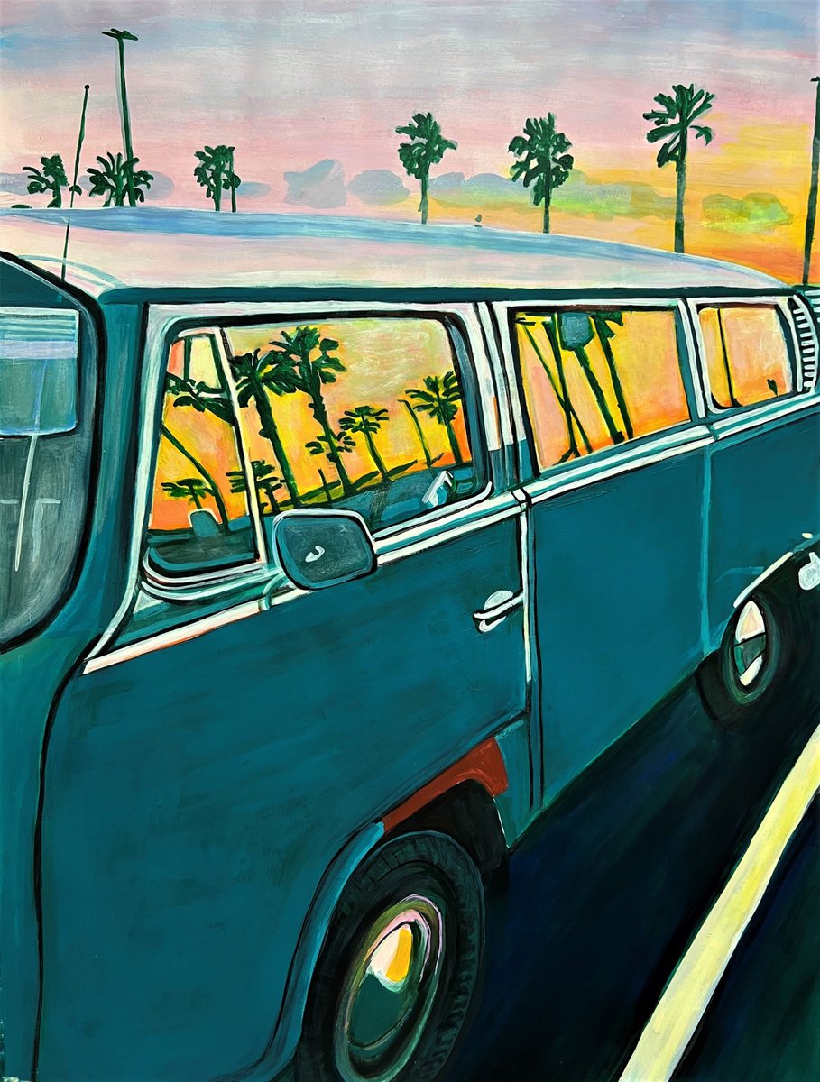 Urban And Pop Acrylic Painting , Blue Retro Travel Van By Alexandra Djokic, 28 X 35, Artwork For Sale On Artfinder