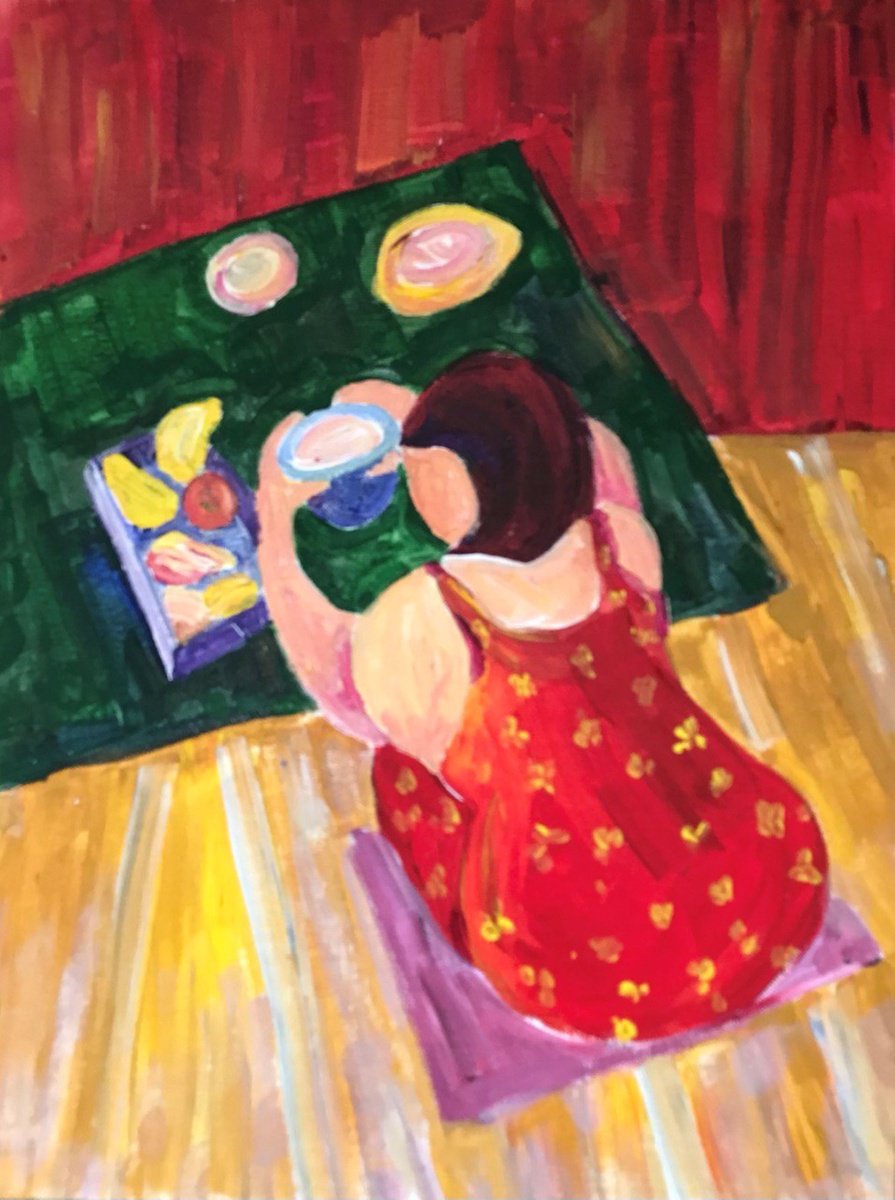 Abstract Portrait Acrylic Painting By Tetiana Pchelnykova, 12 X 16", Breakfast, Original Artwork