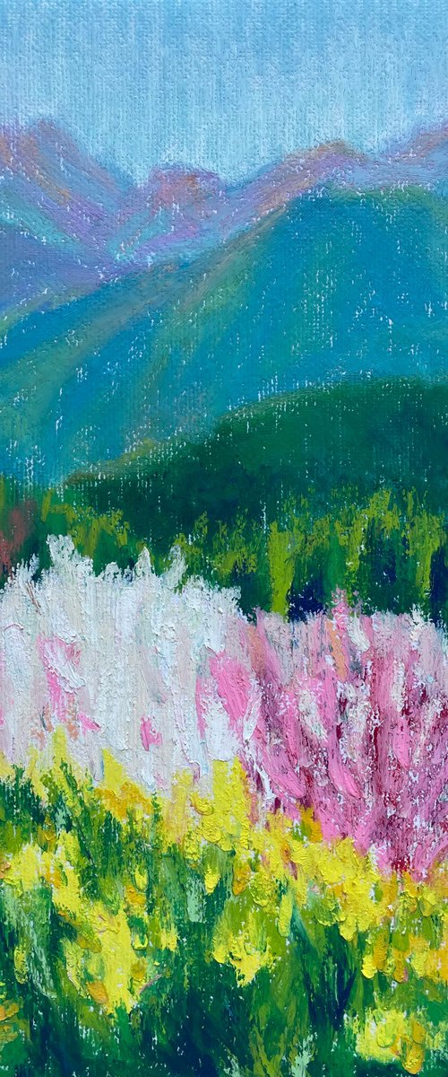 Mountain Original Painting, Flower Oil Pastel Drawing, Sunny Landscape Artwork, Nature Wall Art by Kate Grishakova