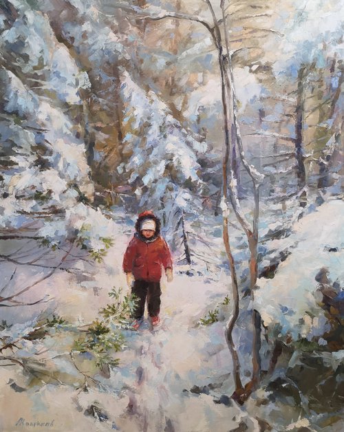 "Alice in Winterland", original,one of a kind, oil on canvas painting from the "Childhood series"(24x30x1,5") by Alexander Koltakov