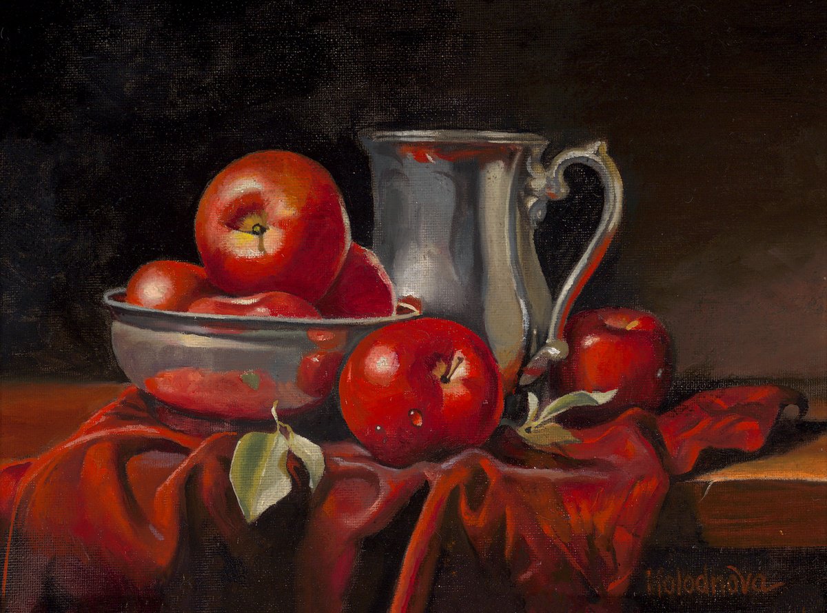 Photorealistic Still Life Oil Painting By Tatyana Holodnova, 17 X 14", Red Apples, Original Artwork