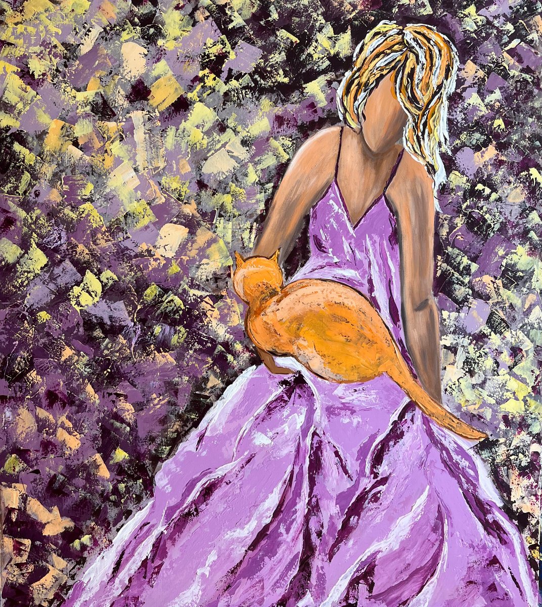Impressionistic Portrait Acrylic Painting By Halyna Kirichenko, 35 X 39, Woman With Ginger Cat, Original Artwork