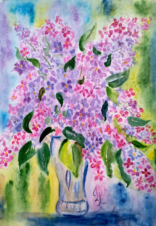 Lilac Painting Floral Original Art Flowers Watercolor Artwork Small Home Wall Art 12 by 17" by Halyna Kirichenko by Halyna Kirichenko