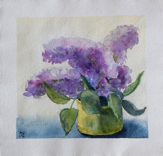 Lilac flowers original watercolor painting on craft paper, Botanical still life, romantic postcard