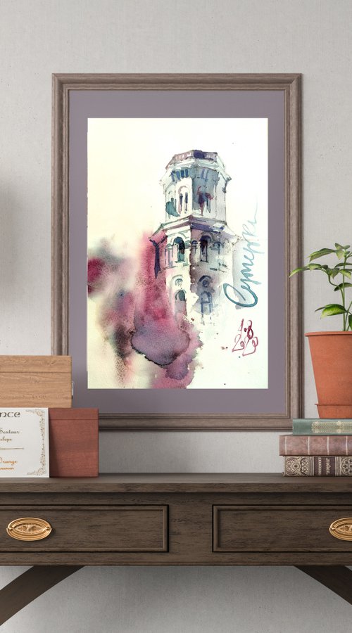 "Tower in the evening twilight. Kiev, Ukraine" architectural landscape - Original watercolor painting by Ksenia Selianko