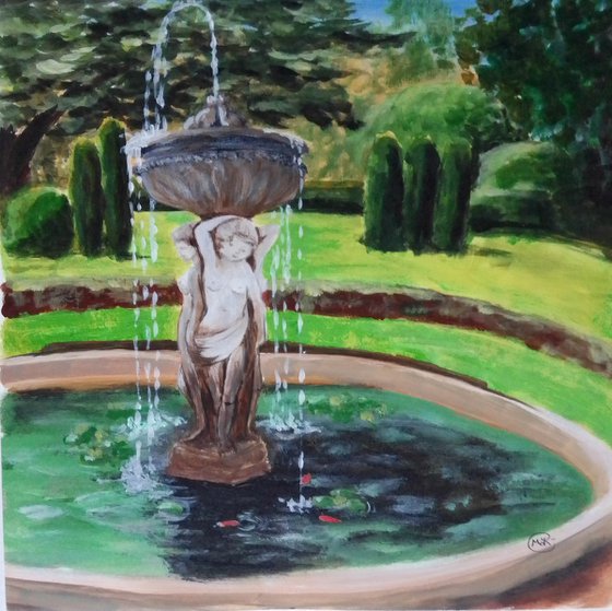 Garden Scene with Nude Women Fountain Statue