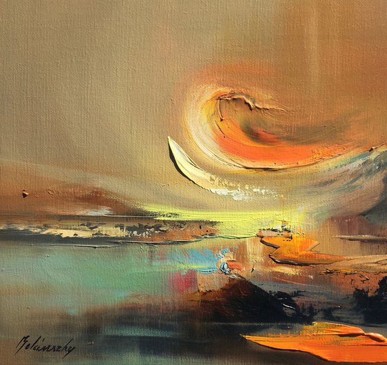 The Impossible Planet - 50 x 50 cm, abstract landscape painting in sienna