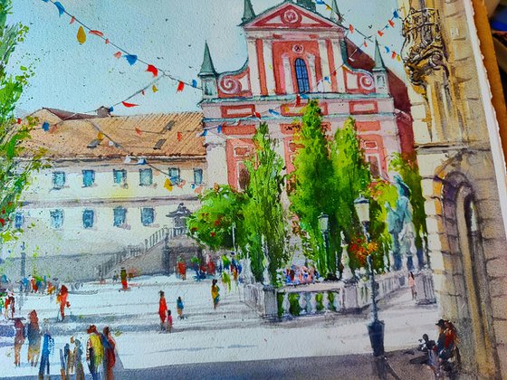 The lively Ljubljana | Original watercolor painting