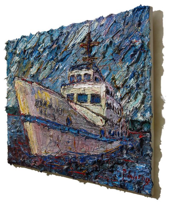 SETS IN (cat. ref. x1177) -Original expressionist oil painting on canvas boat ship