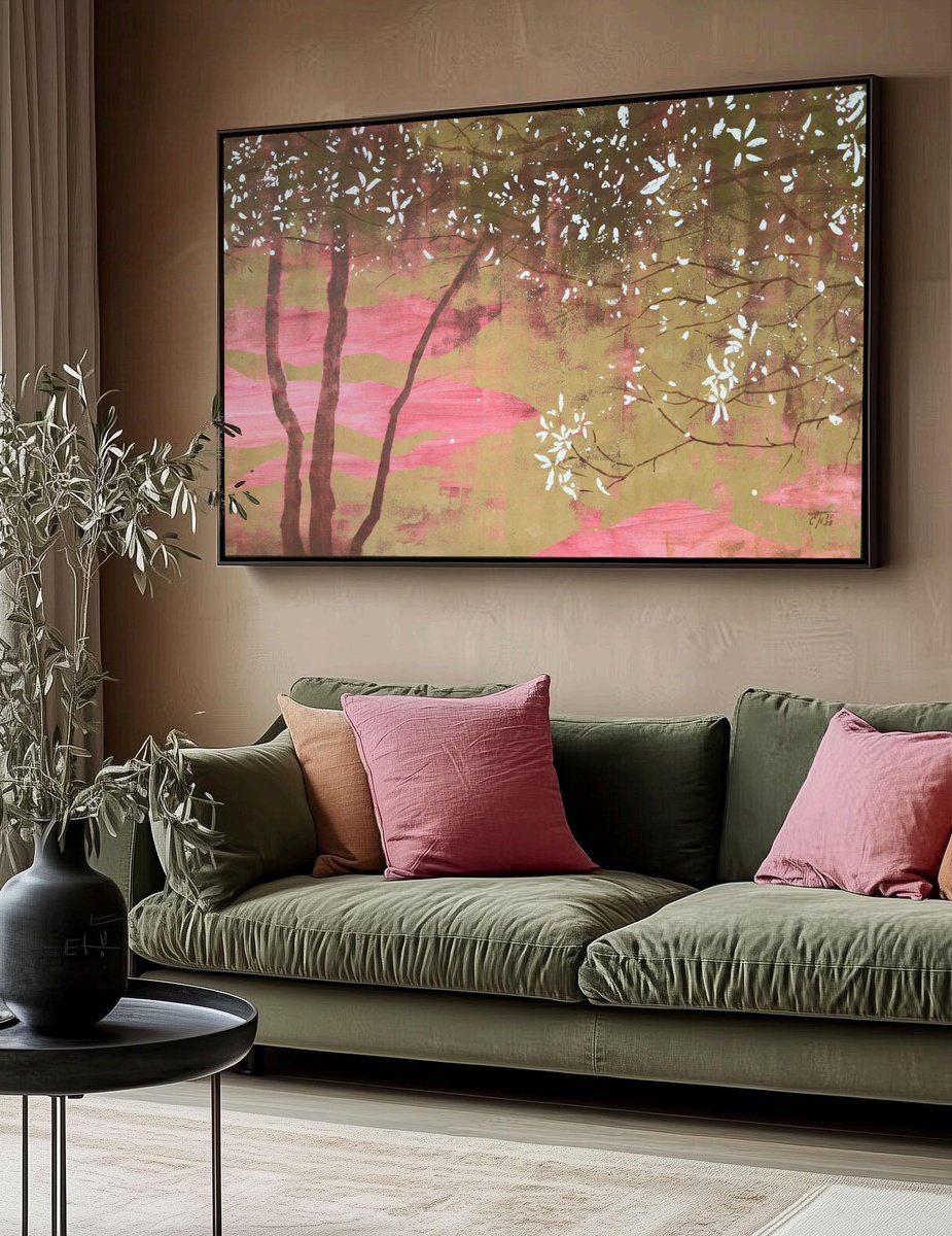 Illustrative Landscape Acrylic Painting By Ekaterina Prisich, 55 X 35, Spring Blossom, Original Artwork