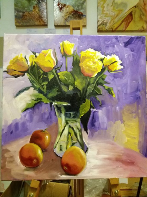 Friendship Yellow Roses - (Square floral oil painting)