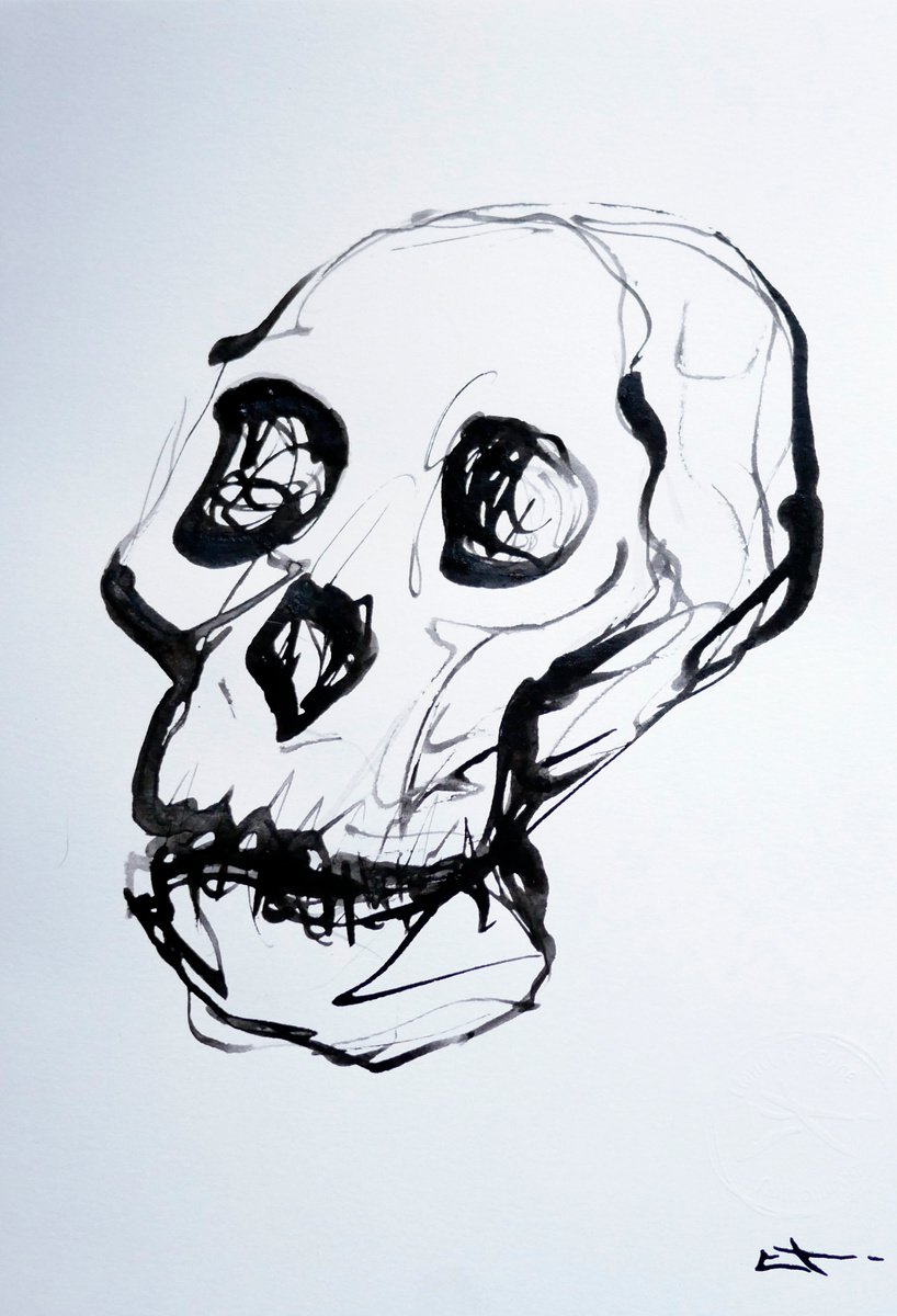 Expressive Portrait Ink Drawing By Lionel Le Jeune, 8 X 12", Skull, Original Artwork