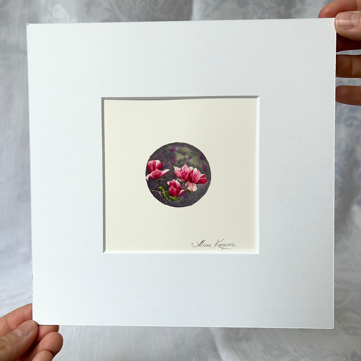 Alina Karpova | Original  Watercolour | Magnolia Miniature | 20 X 20Cm | Artwork For Sale On Artfinder