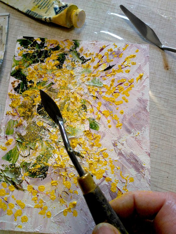 Mimosa Painting Floral Original Art Mimosa Branch Small Artwork Flowers Oil Impasto Palette Knife Painting Home Wall Art 6 by 8" by Halyna Kirichenko