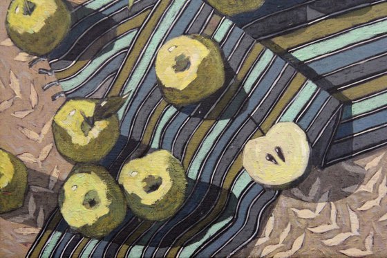 Apples on a striped drapery
