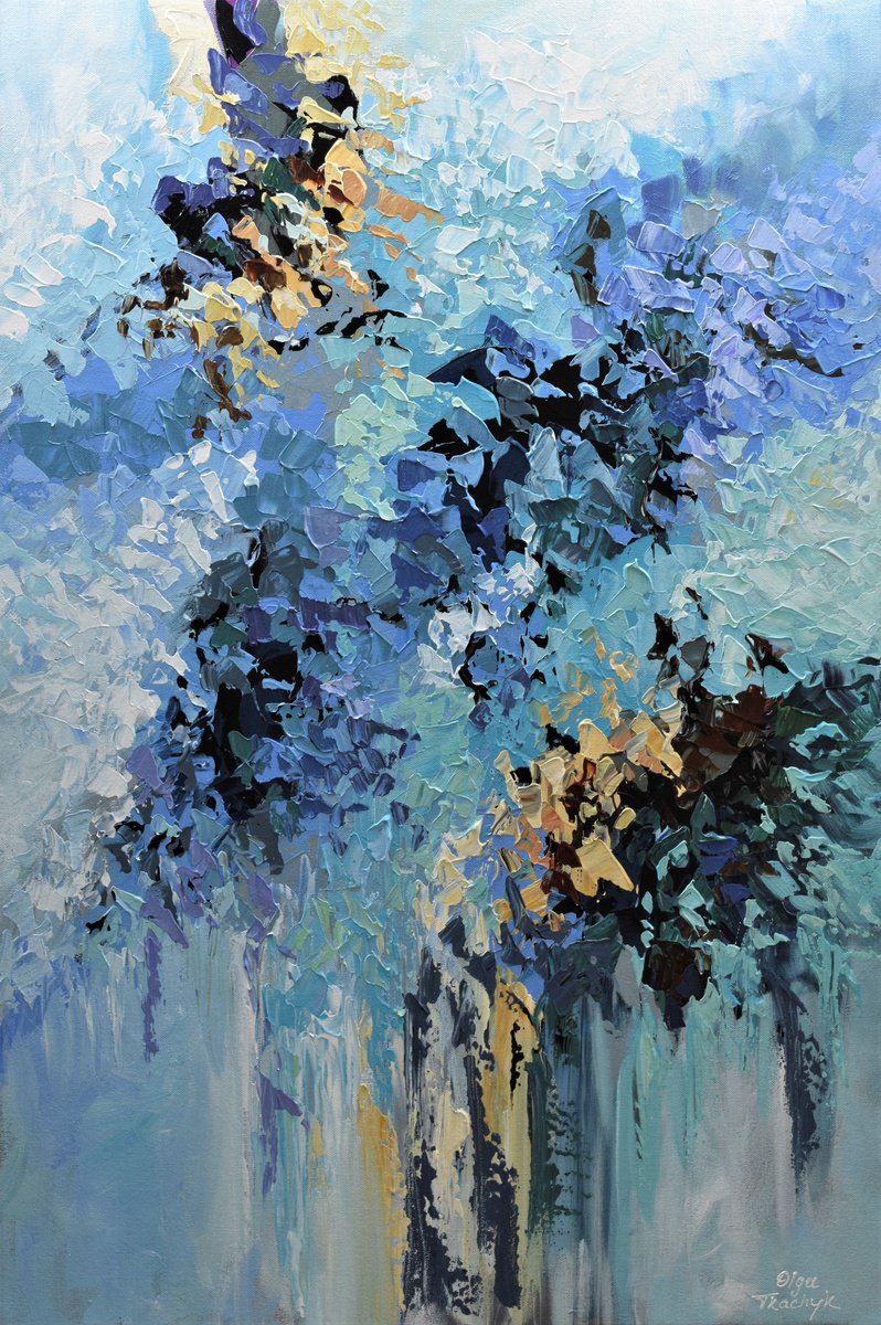 Abstract Acrylic Painting By Olga Tkachyk, 24 X 36", Blue Blossom, Original Artwork