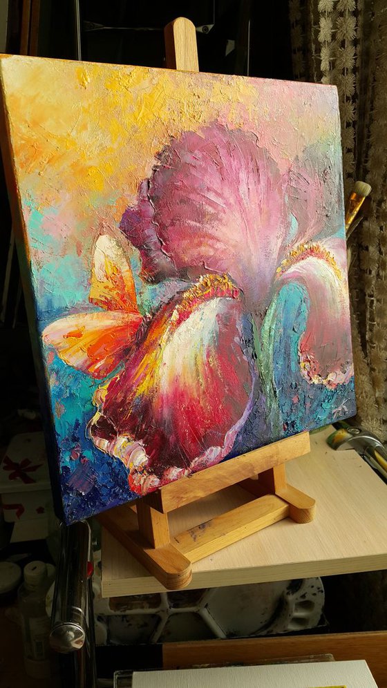Iris and butterfly - painting oil