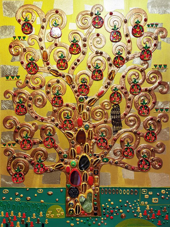 The Pomegranate Tree. Relief textured golden painting with precious stones