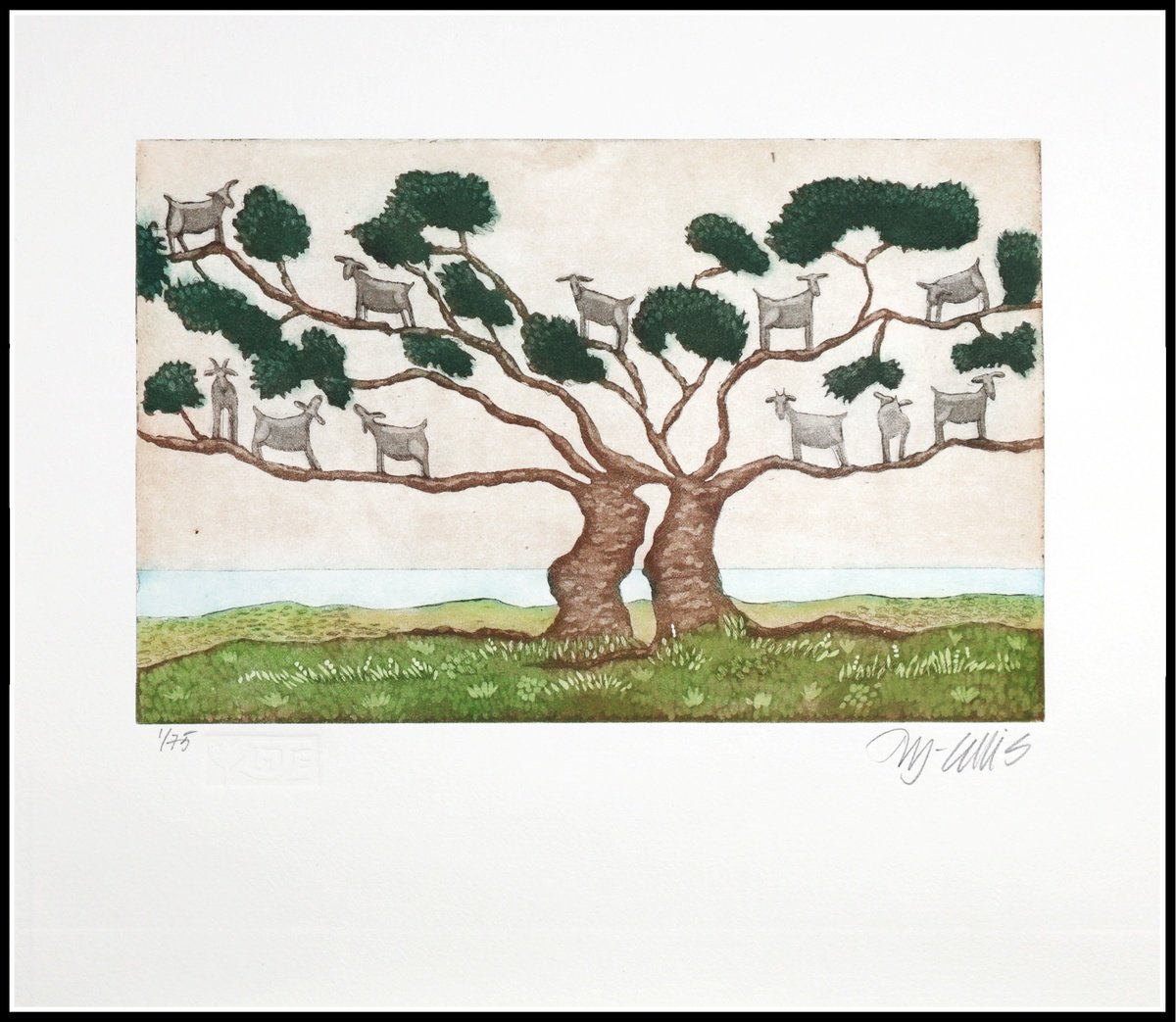 Landscape Etchings & Engravings By Mariann Johansen-Ellis, 16 X 14", Goats In A Tree, Original Artwork