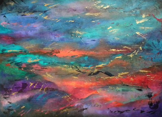 Fire on the Hills - red, blue, teal and gold abstract