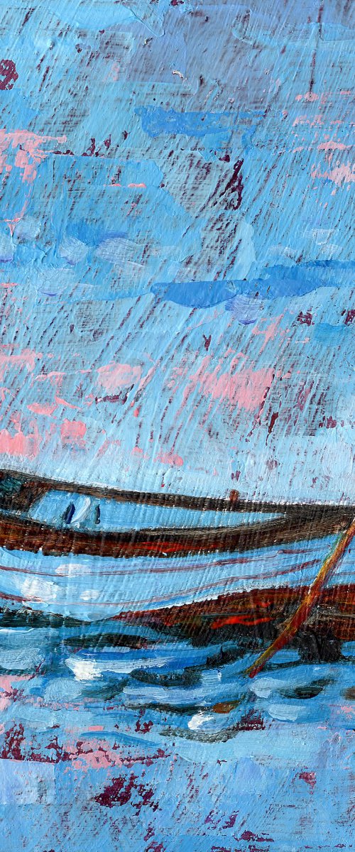 Small Acrylic Painting. Row Boat Gently Bobbing on the Waves. by Mary Kemp