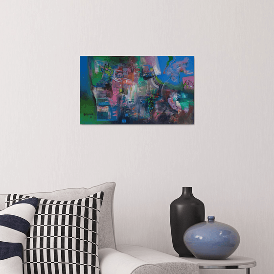 Cornucopia, Blue and Green Tones Horizontal Abstract Oil On Canvas