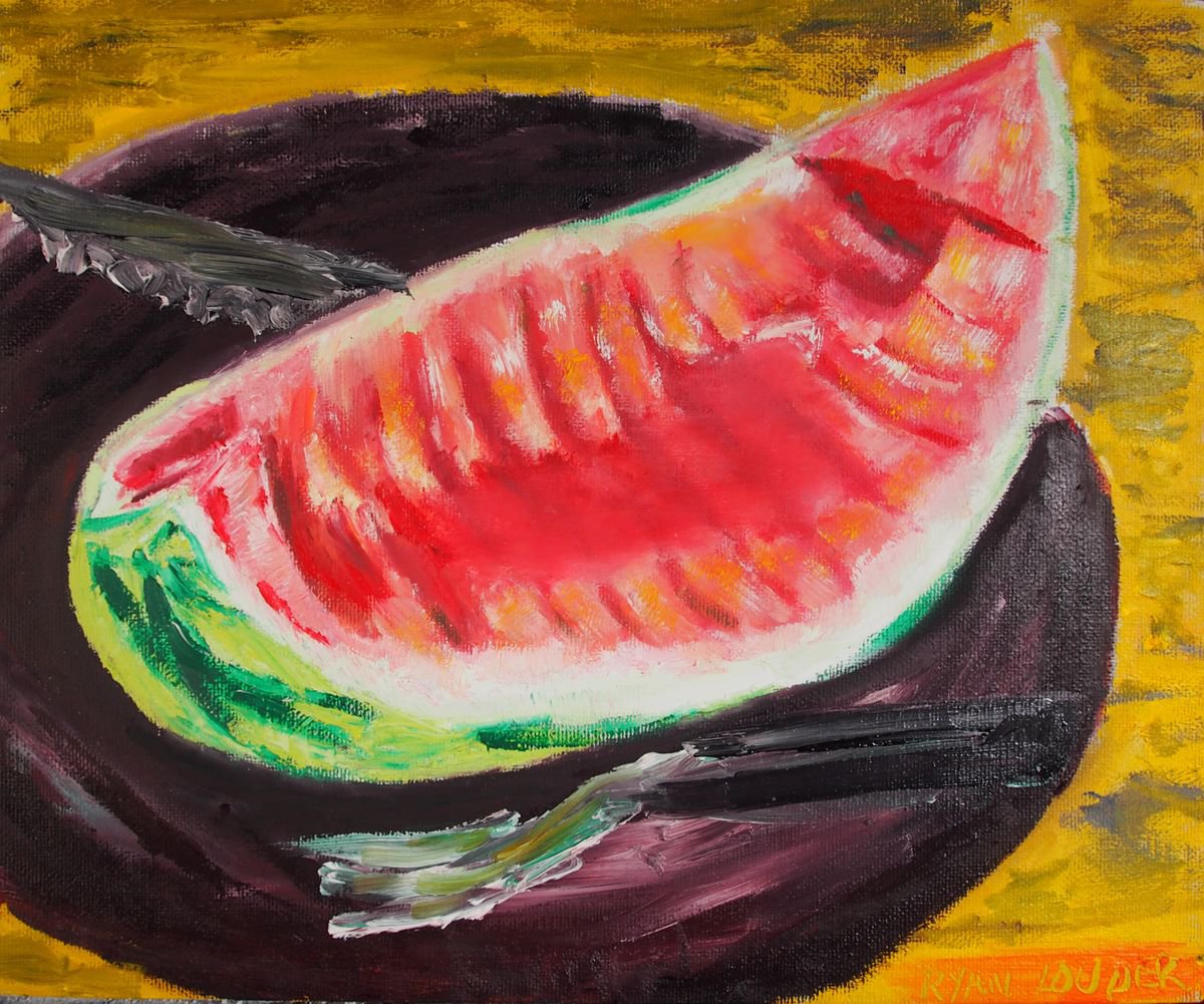 Watermelon Eaten 10x12 Bright Red Painting Bright Red Picture Fruit Painting Fruit Picture by Ryan  Louder