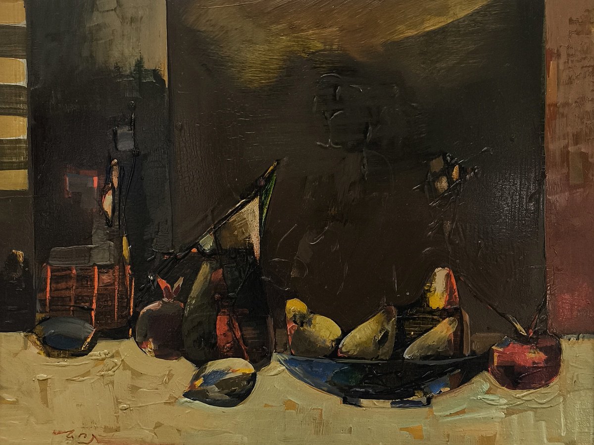 Abstract Oil Painting By Norayr Gevorgyan, 18 X 14", Nocturnal Still Life, Original Artwork