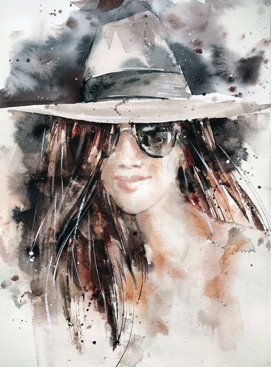 White hat. Portrait. one of a kind, original painting.