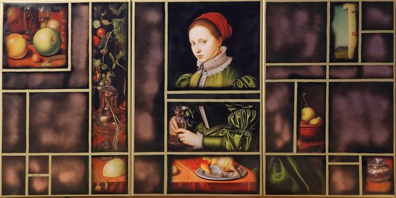 Renaissance portrait A1163 - triptych, original acrylic painting and collage by artist Ksavera
