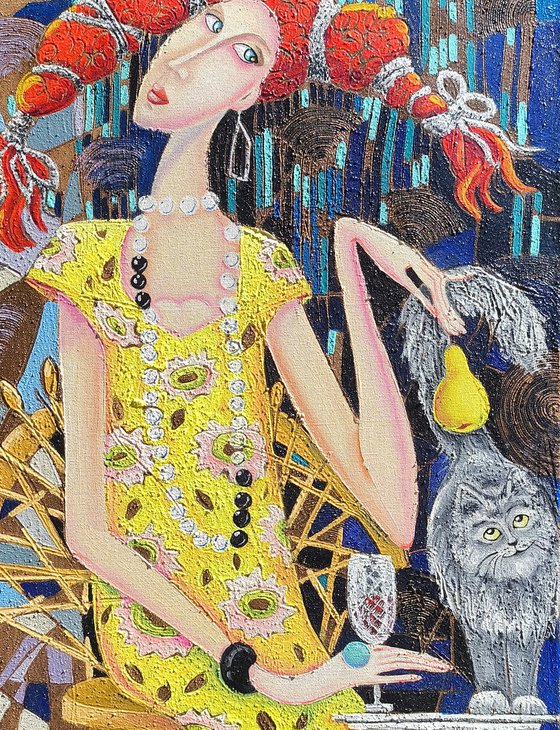 Lady, cat and pear