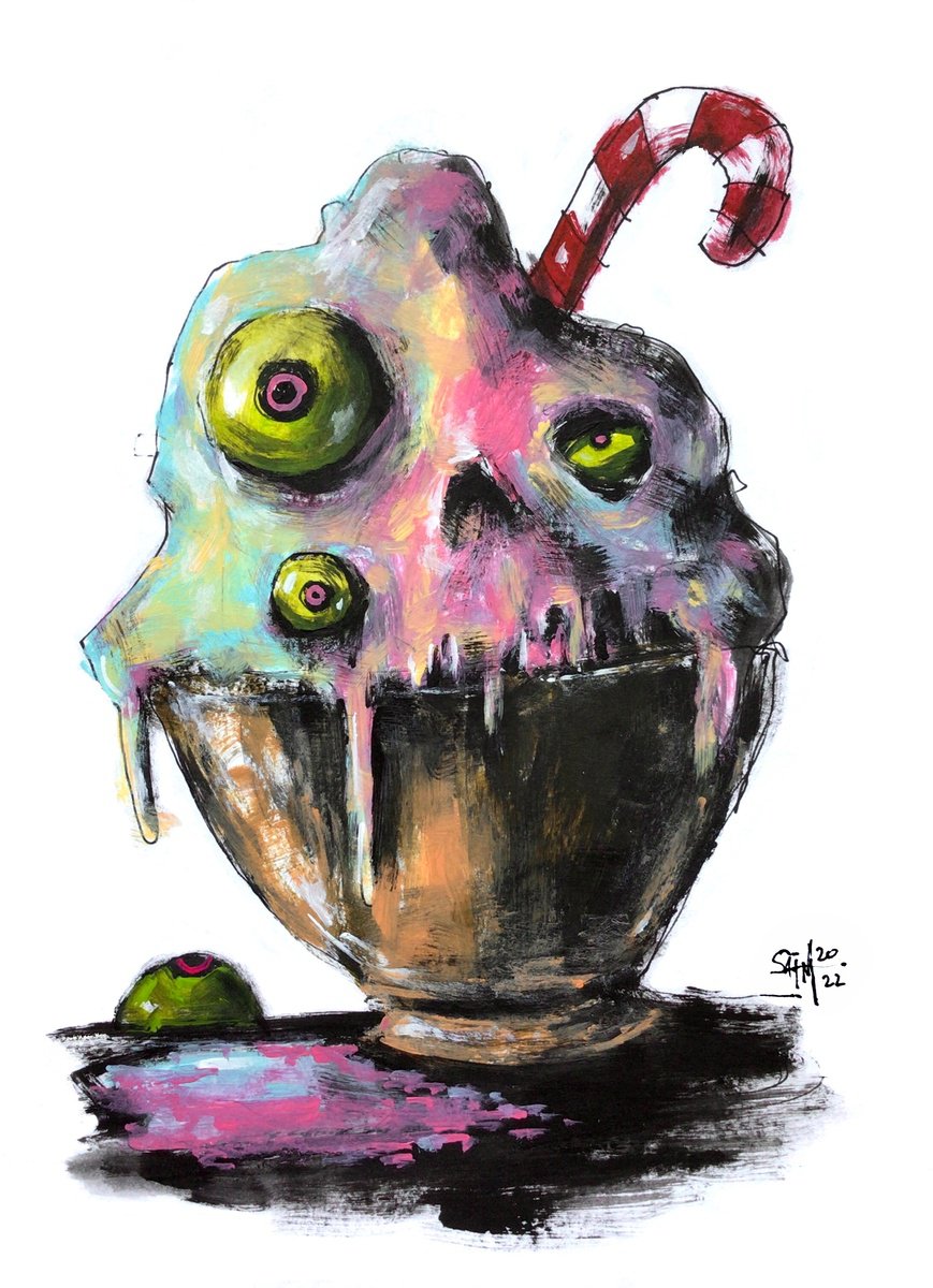 #92 Ice cream Zombie portrait painting original art, Horror Naive Outsider Folk Art Brut S... by Ruslan Aksenov
