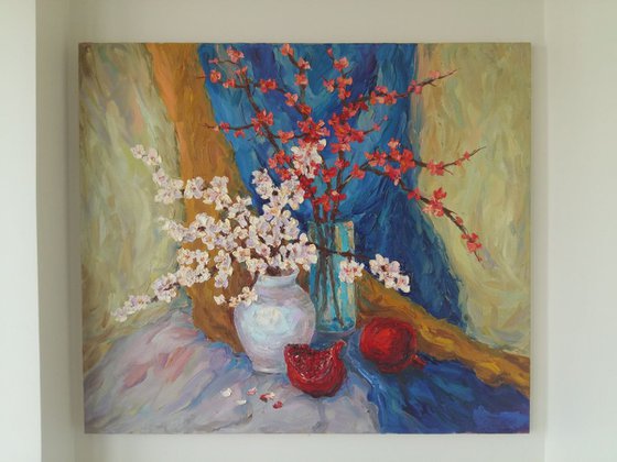 Still life with Pomegranate, 80x70 cm, oil painting, Free Shipping