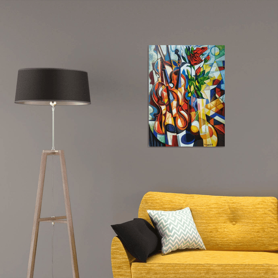 Still life with roses and violin (60x80cm, cubism, oil painting, ready to hang)