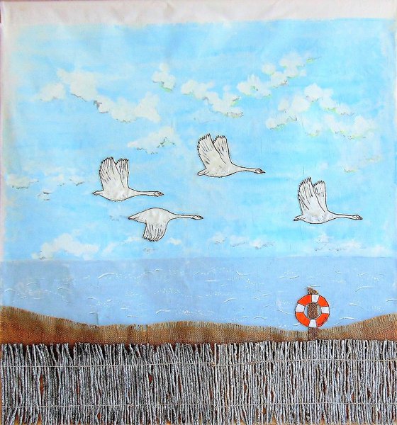 "Coming in to land" - large mixed media painting/collage on fabric