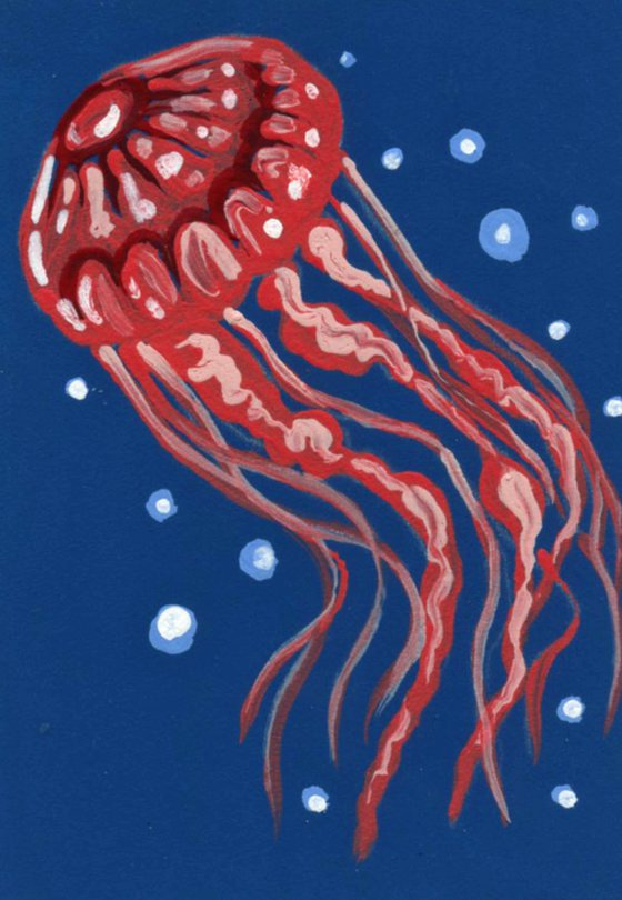 ACEO ATC Original Miniature Painting Jellyfish Ocean Marine Art-Carla Smale