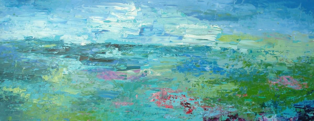 Abstract Landscape Oil Painting By Saroja Van Der Stegen, 41 X 17", Blue (Ref#:1232-40Mm), Original Artwork