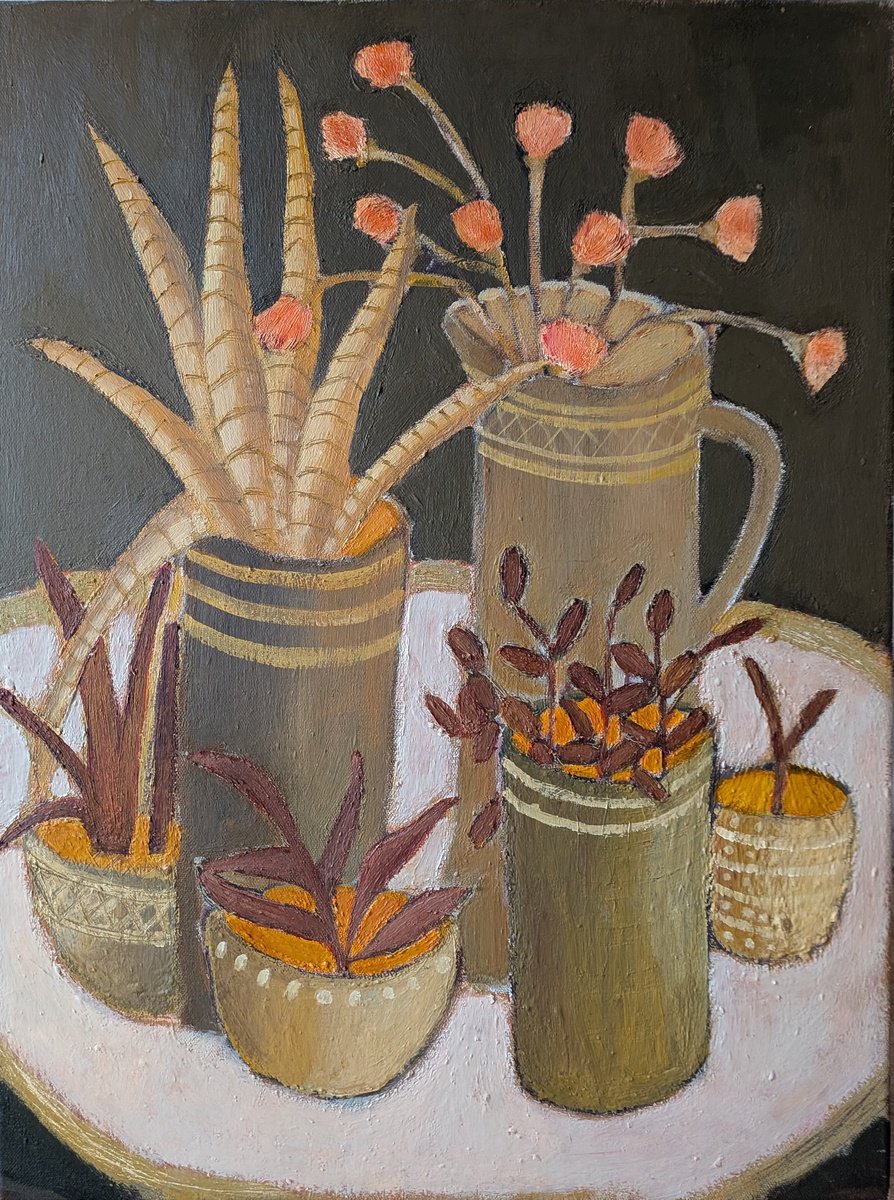 Naive Acrylic Painting , Pink Flowers And Pot Plants By Fiona Philipps, 18 X 24, Artwork For Sale On Artfinder