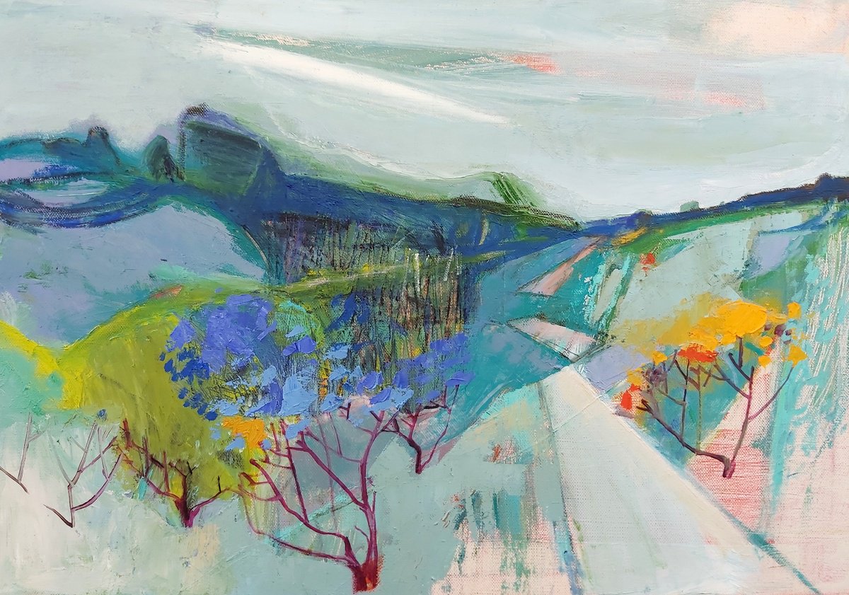 Expressive Landscape Oil Painting By Victoria Cozmolici, 28 X 20", Blue Flowers, Original Artwork