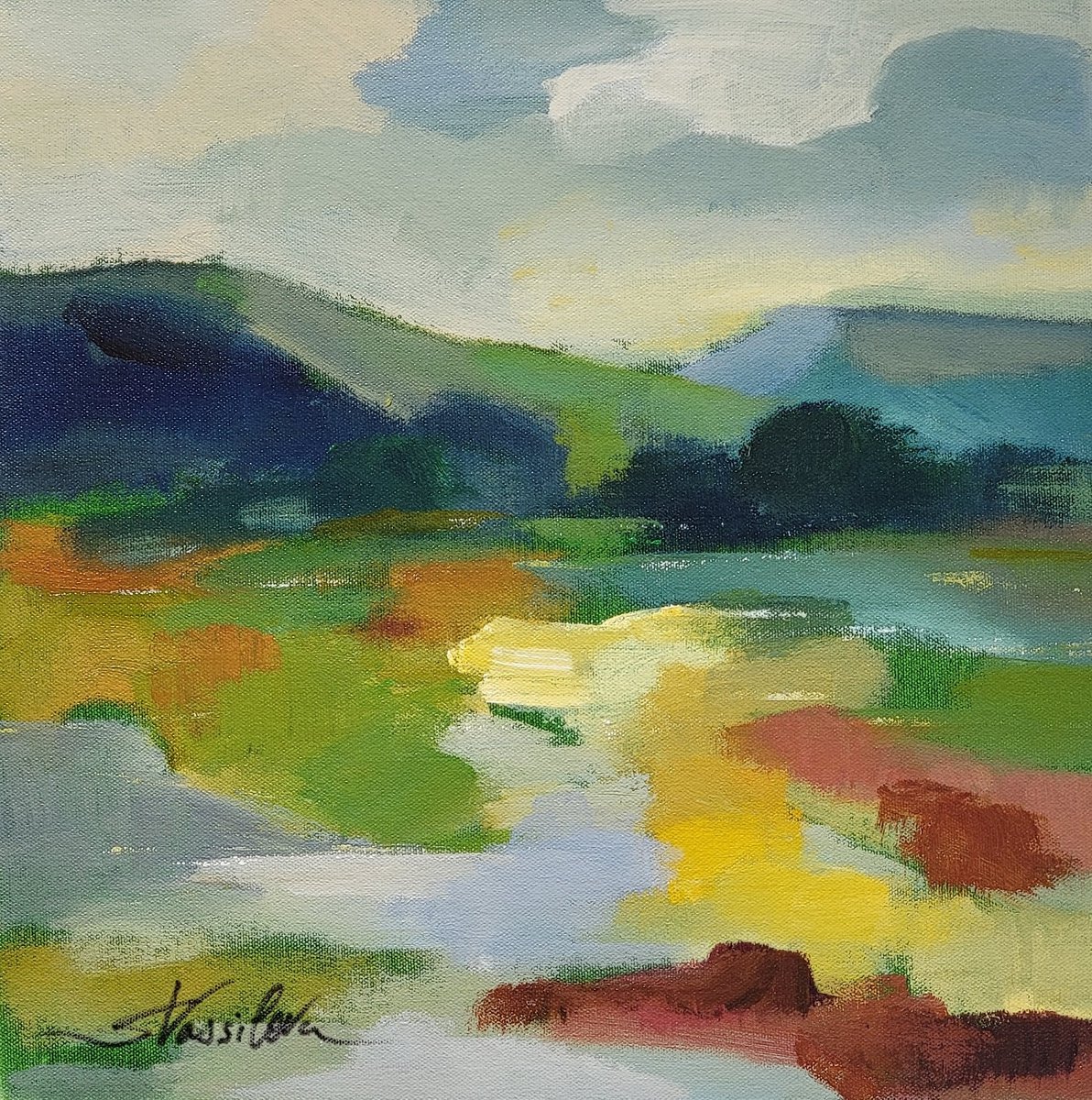 Expressive Landscape Acrylic Painting By Silvia Vassileva, 15 X 15", Lush Green Ii, Original Artwork
