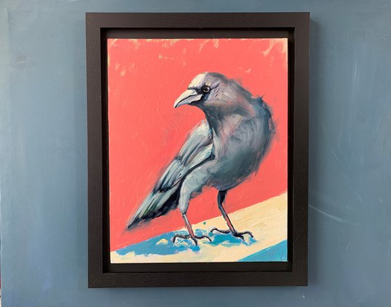 Crow black bird on pink. Original Oil Painting.