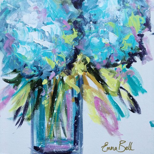 Blue Hydrangeas mini floral on canvas board by Emma Bell