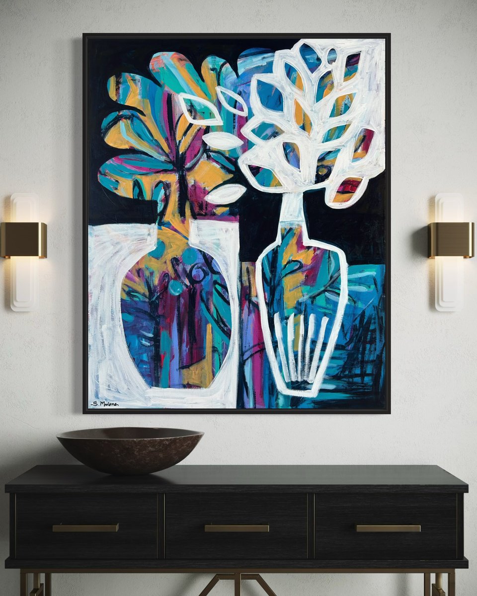 Abstract Botanical Painting By Samantha Malone, 31 X 39", Untitled Vases, Original Artwork