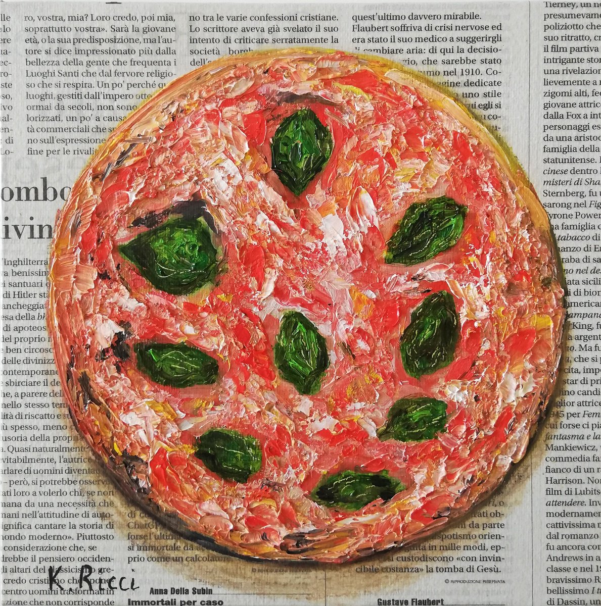 Pizza on Newspaper Original Oil on Canvas Board Painting 8 by 8 inches (20x20 cm) by Katia Ricci