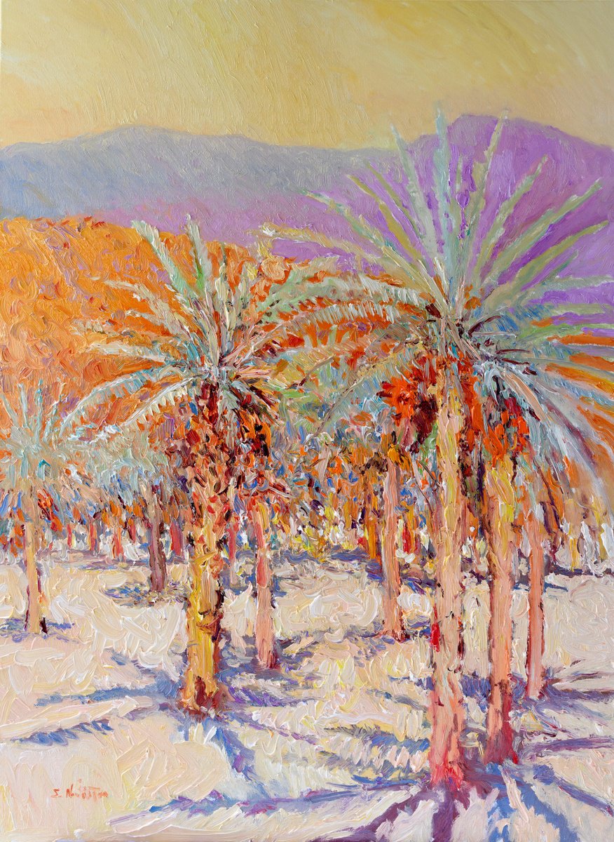 Expressive Landscape Oil Painting By Suren Nersisyan, 30 X 40", Desert Palm Trees, Original Artwork